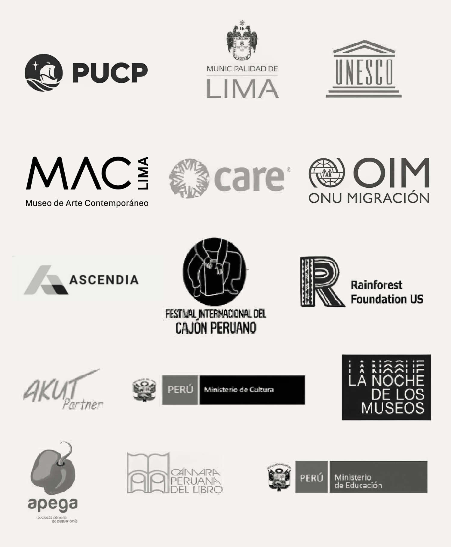 Algunos de nuestros clientes: PUCP, Municipalidad de Lima, UNESCO, CARE, Maclima, OIM, Cámara peruna del libro, Ascendia Group