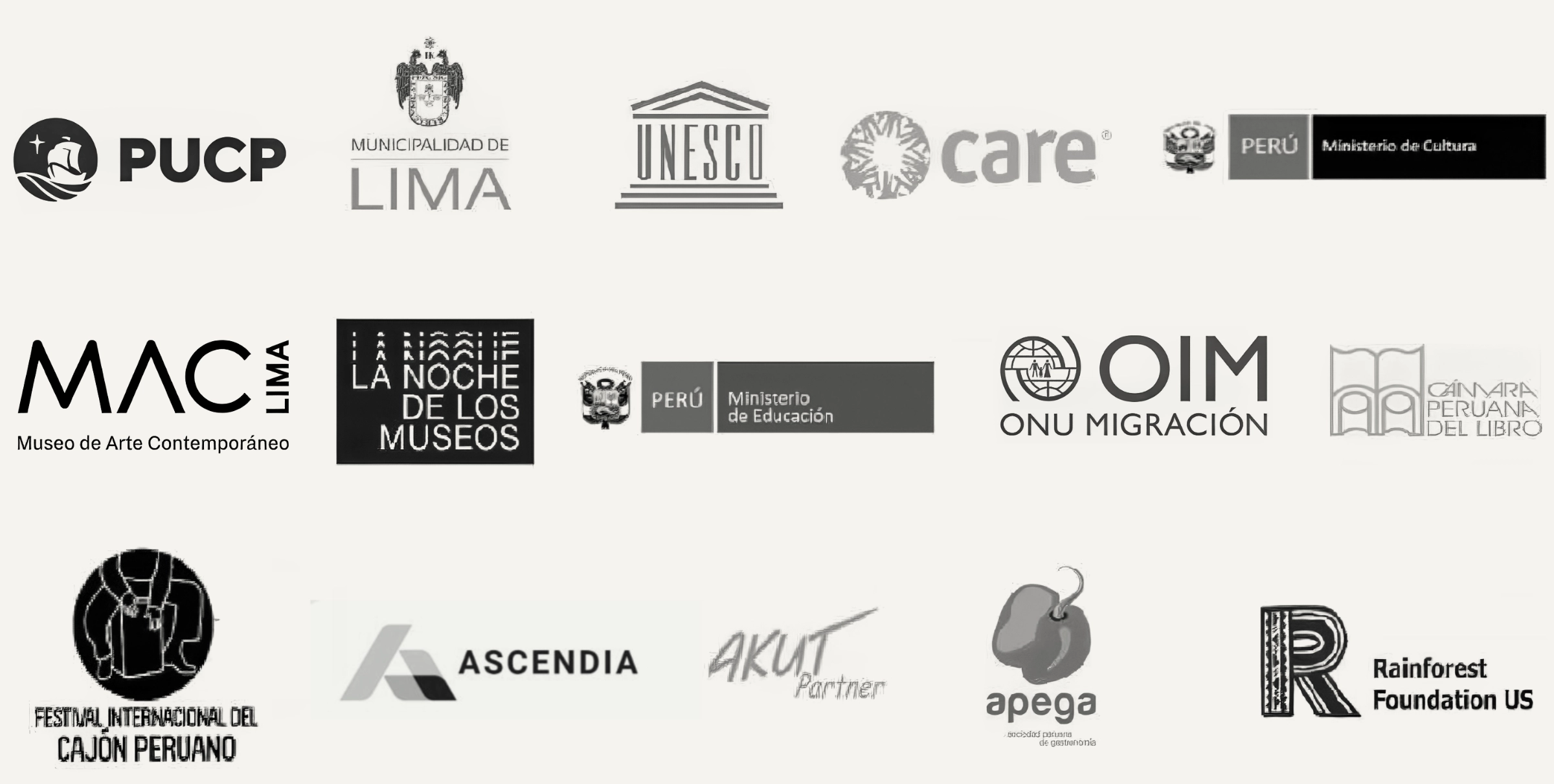 Algunos de nuestros clientes: PUCP, Municipalidad de Lima, UNESCO, CARE, Maclima, OIM, Cámara peruna del libro, Ascendia Group